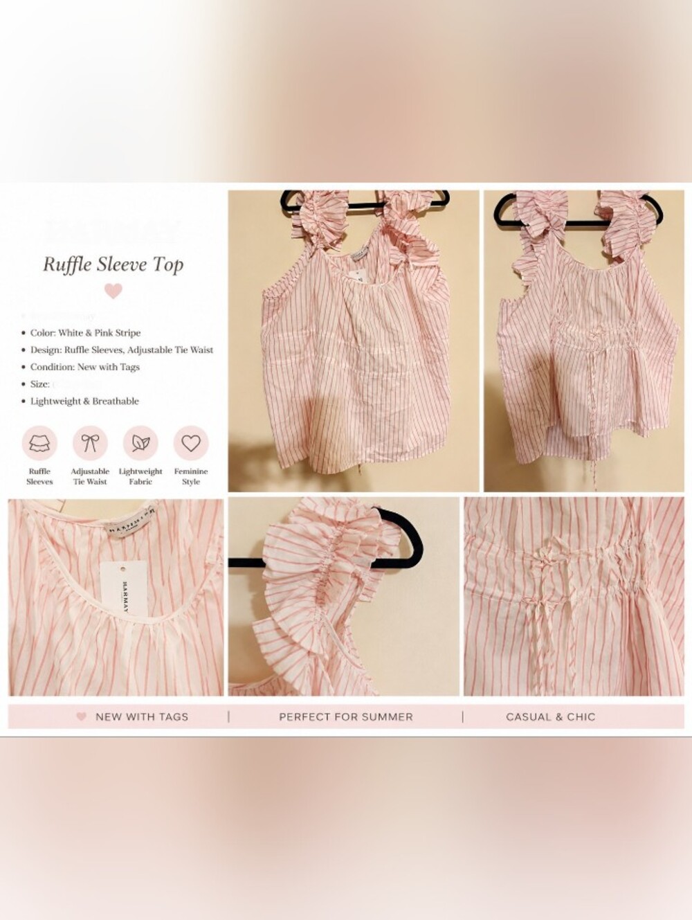 Pink & White Striped Ruffle-Sleeve Tank Top with Tie Waist